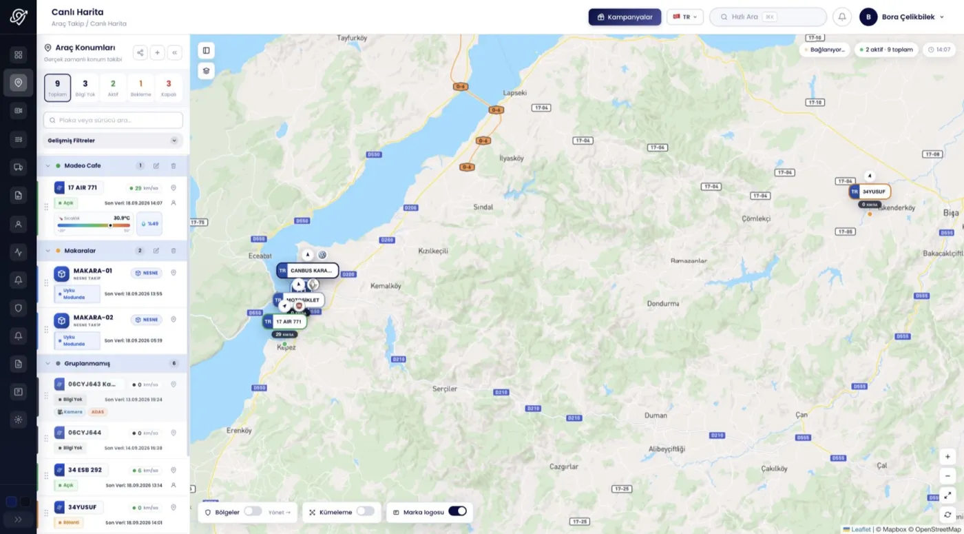 arvetrak canlı takip ekranı: harita üzerinde araç konumları