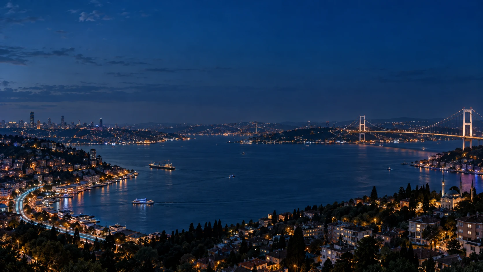 Mavi saatte İstanbul Boğazı, ışıklı köprü ve şehir kıyıları